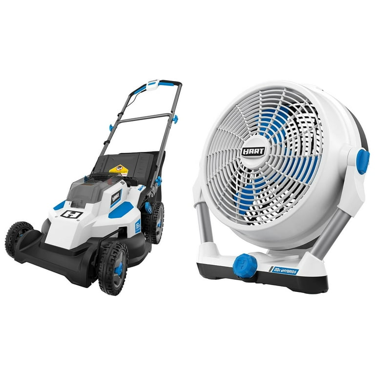 HART 20 Volt Hybrid Fan and Hart 20 Volt 16 Inch Push Lawn Mower