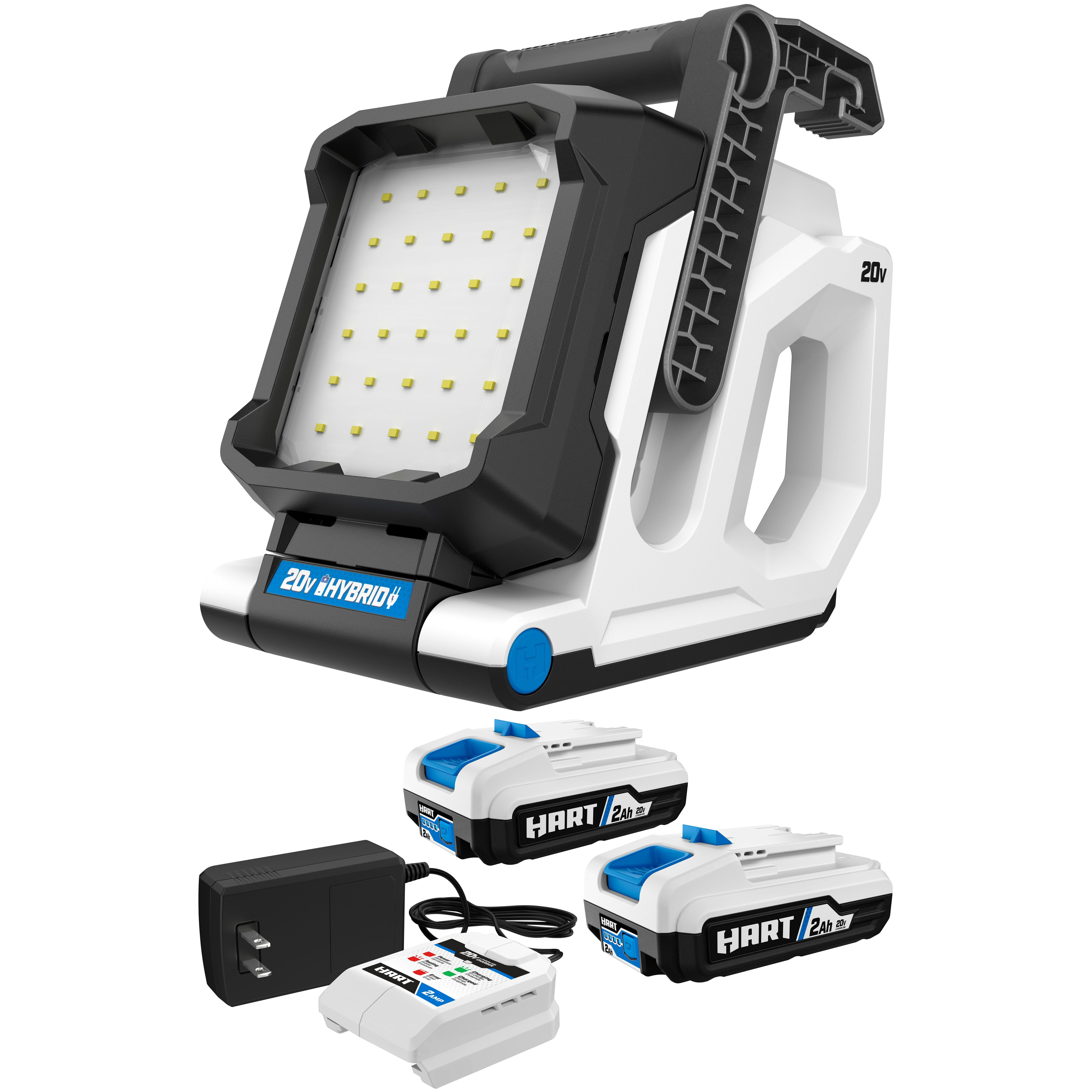 HART 20-Volt Hybrid LED Magnet Light, 1,500 Lumens, 2-Pack 2Ah Battery and Charger Starter Kit Bundle