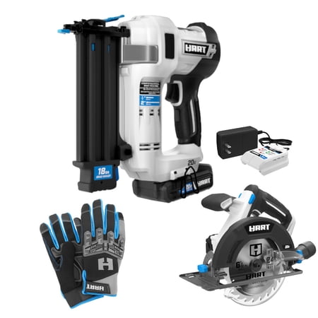 HART 20-Volt Nailing Kit w/HART 20V 18G Brad Nailer Kit, HART 20V 6-1/2" Circular Saw, & HART Impact Work Gloves
