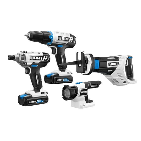 HART 20 Volts 4-Tool Battery-Powered Combo Kit, (2) 1.5Ah Lithium-Ion Batteries