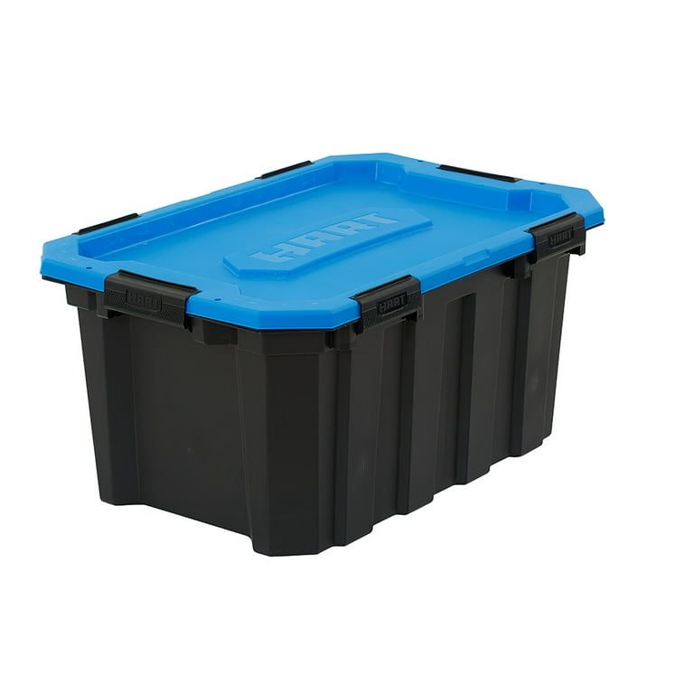 HART 24 Gallon Water Resistant Latching Heavy Duty Plastic Storage Bin,  Black Base/Blue Lid