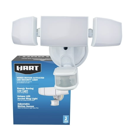 HART 3-Head Direct Wire LED Security Light with LED Night Light Accent Ring, White, 3500 Lumens