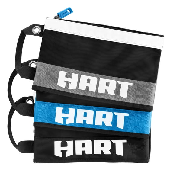 HART 3-Piece 12 inch Mesh Zipper Pouches, 1680-Denier Material, Black, Blue, Gray