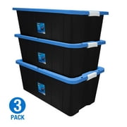 HART 40 Gallon Heavy Duty Latching Plastic Storage Bin Container, Black with Blue Lid, Set of 3