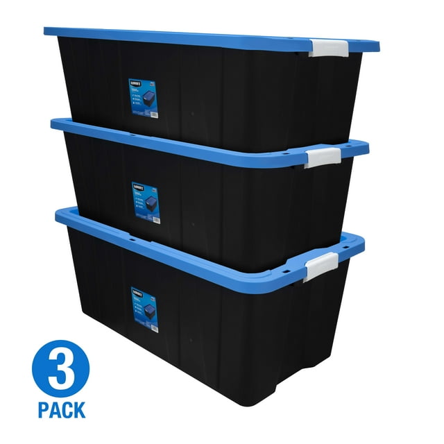 HART 40 Gallon Latching Plastic Storage Bin Container, Black with Blue Lid, Set of 3