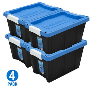 HART 12 Gallon Latching Plastic Storage Bin Container, Black with Blue Lid,  Set of 4