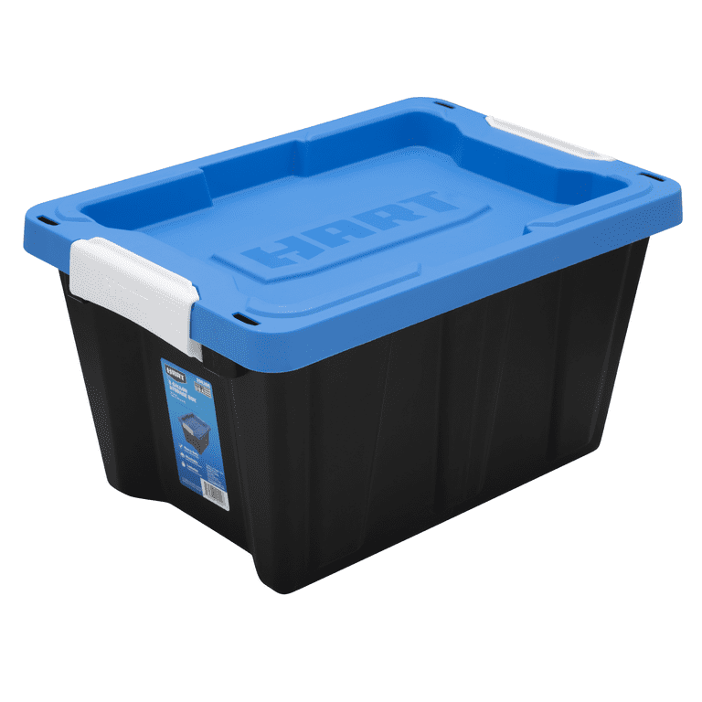 Hart - 12 Gallon Heavy Duty Latching Plastic Storage Box, Black Base/Blue Lid, Set of 4