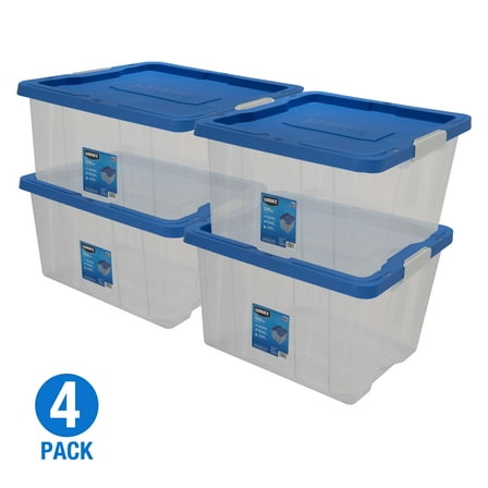 HART 68 Quart Clear Latching Plastic Storage Bin Container, Clear with Blue Lid, Set of 4