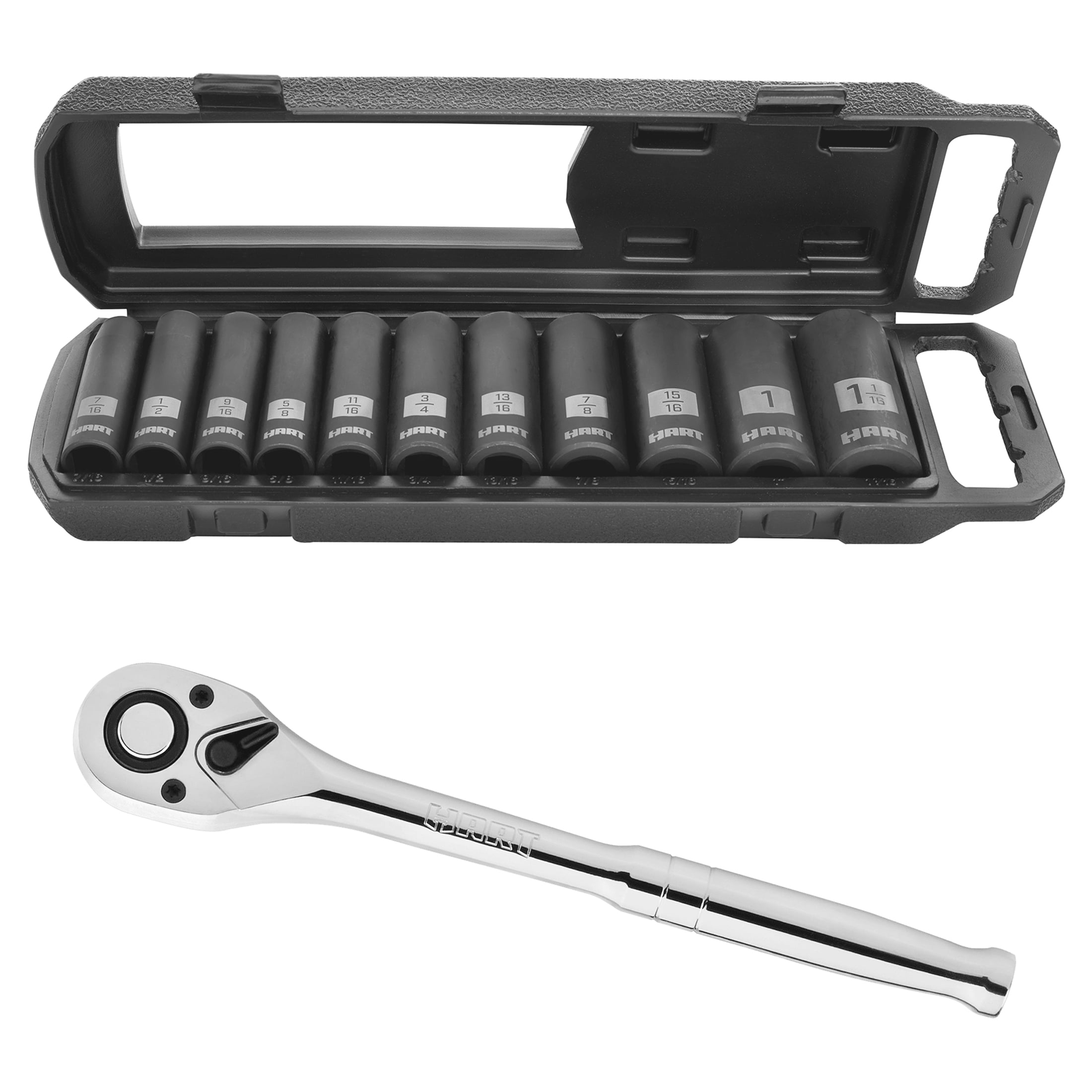 HART 90-Tooth 1/2-inch Drive Ratchet, Chrome Vanadium Steel and HART 11- Piece 1/2-inch Drive SAE Impact Socket Set, Chrome Vanadium