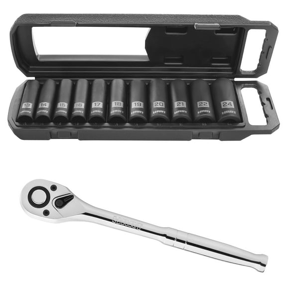 HART 90-Tooth Ratchet, 1/2" Chrome Vanadium Finish Socket Wrench & Set, 11 Piece