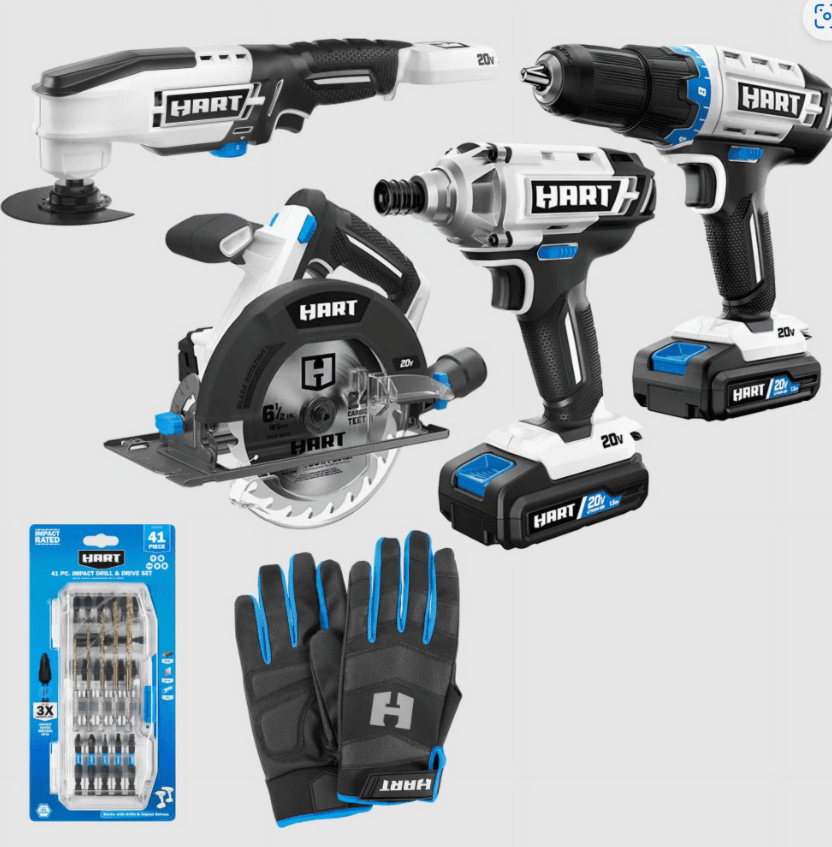 HART Father's Day Bundle 20V Tool Combo Kit, Oscillating Multitool w/  Accessories, 41Pc Impact Drill  Drive Set,  Performance Fit (L) Work  Gloves (2), 20V 2Ah Lithium-Ion Batteries