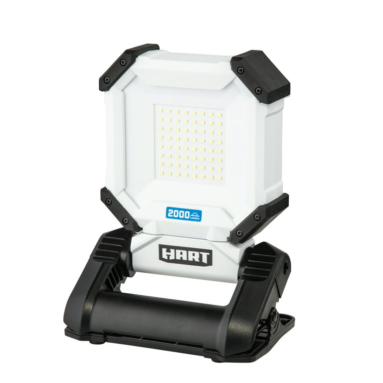 HART Rechargeable Work Light with Rotating Head and Spring-Loaded Clamp  Mount, White, 2000 Lumens