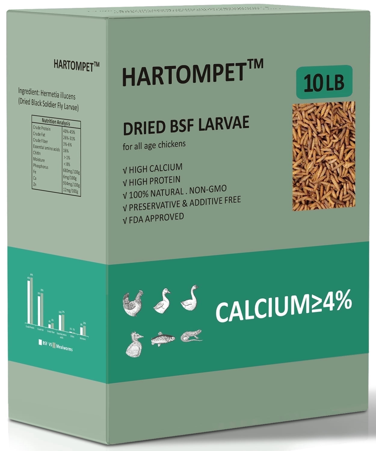 HARTOMPET 10LB Premium Dried Black Soldier Fly Larvae - 85X Calcium,Non-GMO Treat for Poultry Health