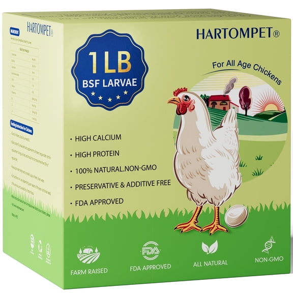 HARTOMPET 1LB Dried Black Soldier Fly Larvae – Natural Calcium-Rich Treat for Adult Chickens and Poultry, Resealable Bag in Box