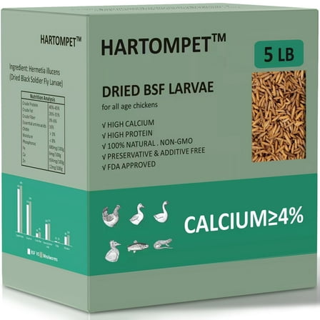 HARTOMPET 5LB Premium Dried Black Soldier Fly Larvae – Non-GMO Treat for Chickens and Adult Poultry, 85X Calcium Supplement,Resealable Bag in Retail Box