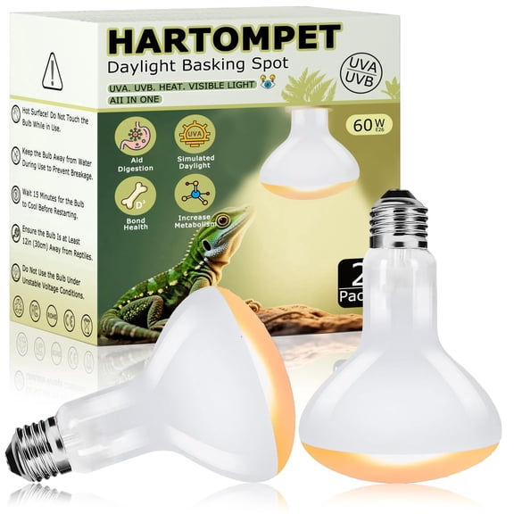 HARTOMPET 60W Reptile Heat Lamp Bulbs, 2.5 Inch UVA Basking Spot Light for Bearded Dragon, Lizard, Tortoise, Chicks & Amphibians – Simulated Natural Sunlight, Daylight Bulb for Terrarium E26 | 2 Pack
