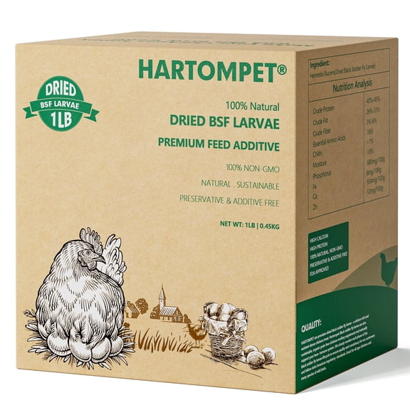 HARTOMPET Dried BSF Larvae for Chickens - Non-GMO Poultry Feed Supplement, 85x Calcium, 1LB Worms