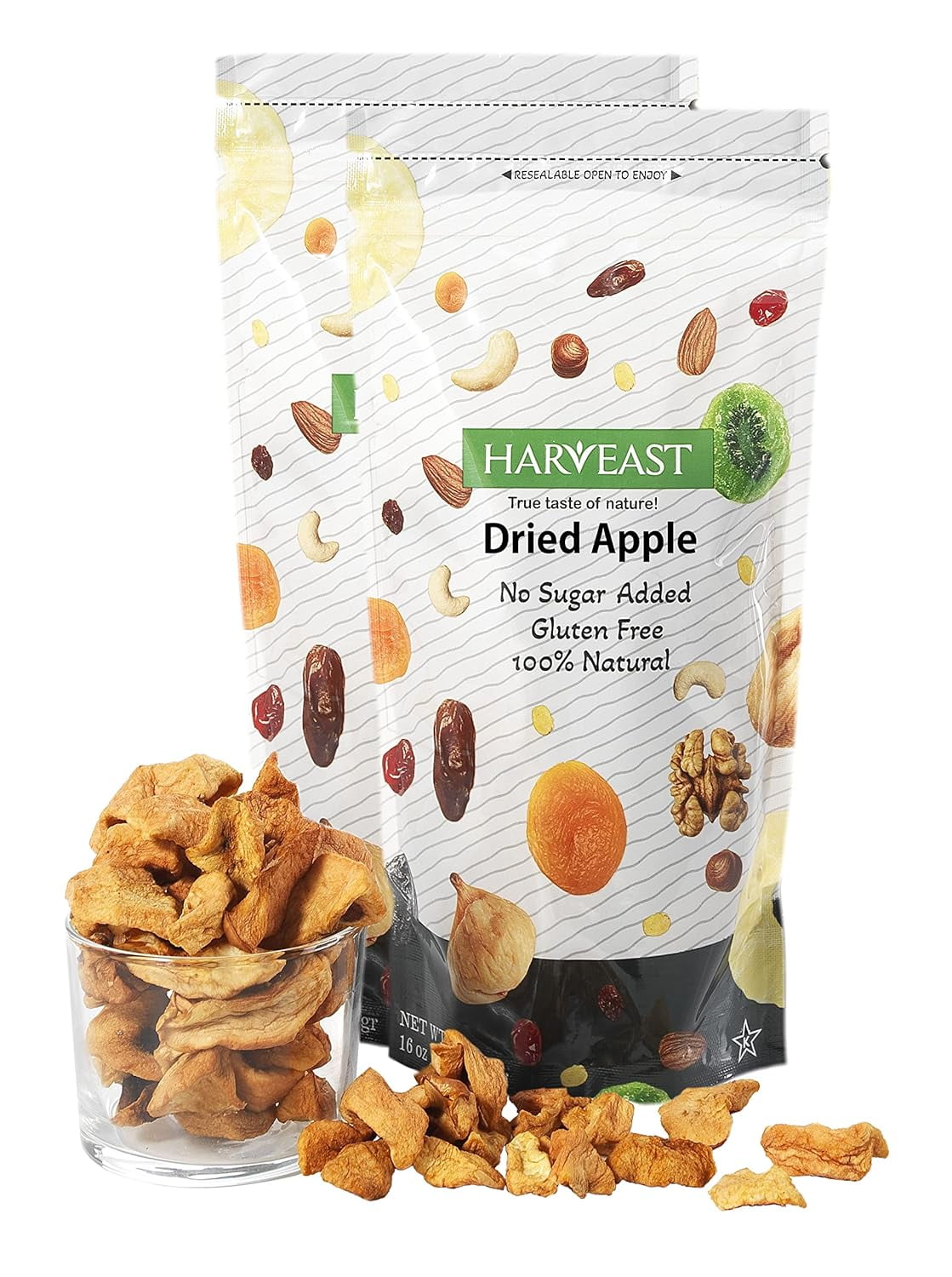 HARVEAST Dried Apple Slices | Unsulfured Gourmet Dehydrated Apples, No Sugar, Gluten Free, Kosher, Vegan, Non-GMO | Dried Sliced Apple Fruit in Resealable Bag, Delicious Healthy Snack 20 Oz 2 Pack