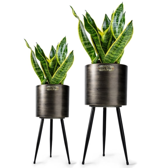 HARVEST LAND Metal Planters with Stands Set of 2 Flower Pots Modern Pot Planters with Drainage Hole for Indoor Outdoor Plants