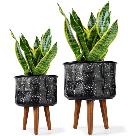 HARVEST LAND Metal Planters with Stands Set of 2 Flower Pots Modern Pot Planters with Drainage Hole for Indoor Outdoor Plants