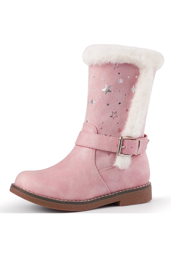 Toddler Girls Boots Mid-Calf Fall Winter Booties for Little Girls With Buckle Pink/Black/Khaki