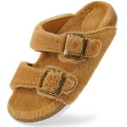 HARVEST LAND Womens Fuzzy Footbed Sandals Comfort Faux Open Toe Cork Slides Winter House Sandals