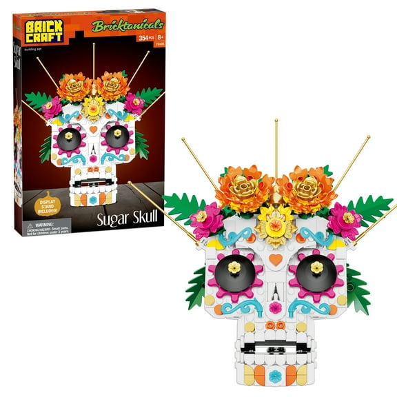 Brickcraft Sugar Skull Building Kit (354- Plastic Piece Set), Da de Los Muertos & Day of The Dead Display with Floral Accents & Stand, 8+
