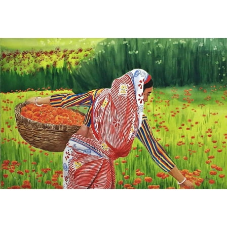 HARVESTING OF FLOWERS AT KHIRAI, OWN COMPOSITION, WATERCOLOUR ON PAPER