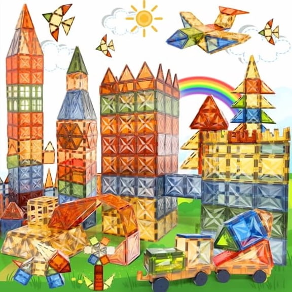 HARWORLIFE MAGNETIC TILES, DIAMOND 120 PCS 2 CARS MAGNETIC BLOCKS - MULTICOLOR