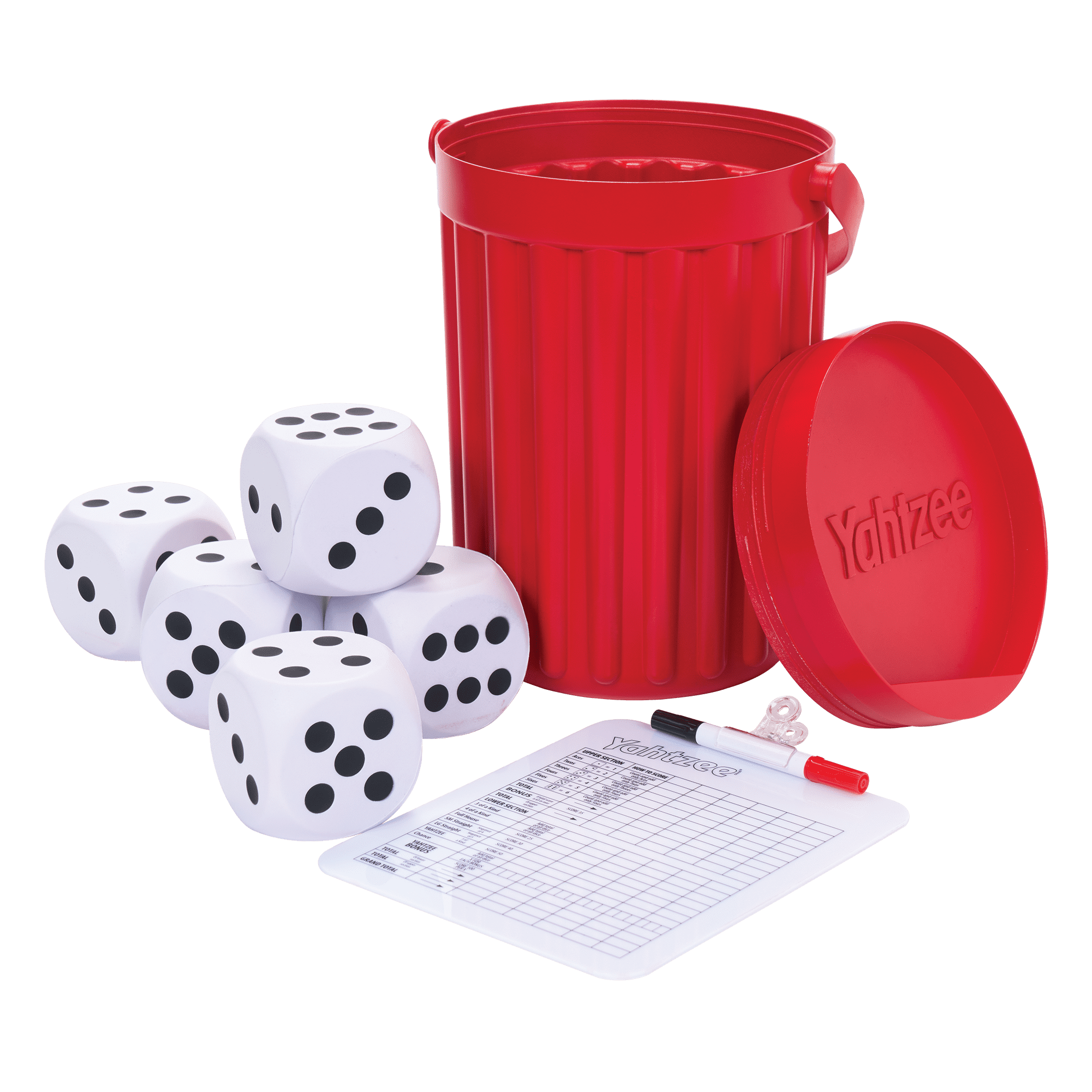 Giant Yahtzee – 5 Giant Foam Dice, Shaker Bucket, and Classic Dry Erase Scorecard with Marker