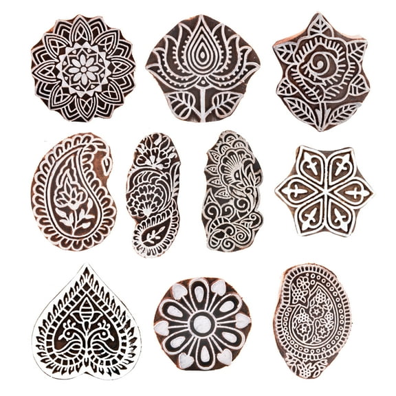 HASHCART Wooden Pottery Stamps for Block Printing - Stamp Set of 10 Wooden Clay Stamps Wood Printing Stamp for Crafting on Fabric, Blocks, Henna Stamps, Tattoo