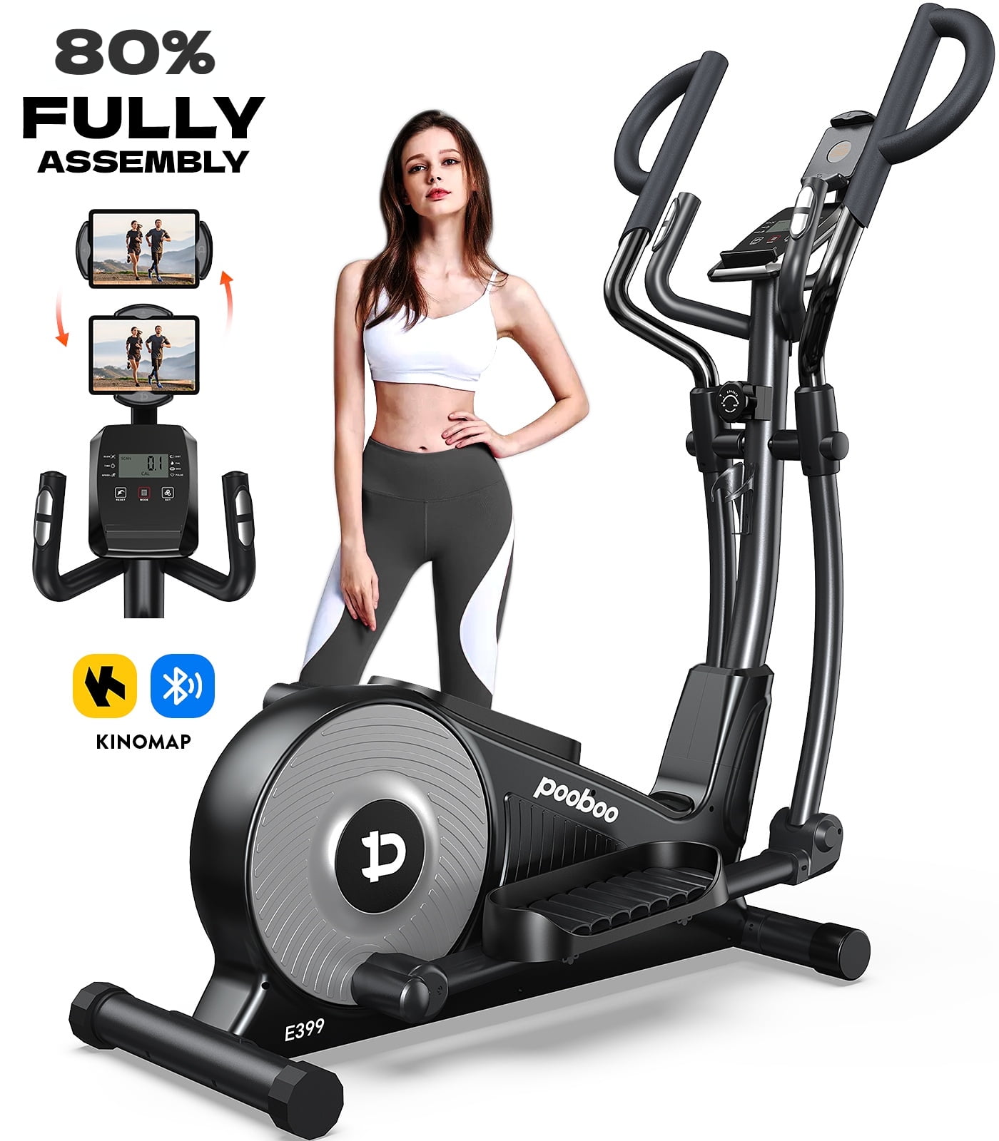 HASIMAN Elliptical Machine 16 Levels Resistance  Built-in Blue Elliptical Trainers with LCD Monitor Smooth Quiet Driven 400lbs Capacity 15.5inch Stride Length