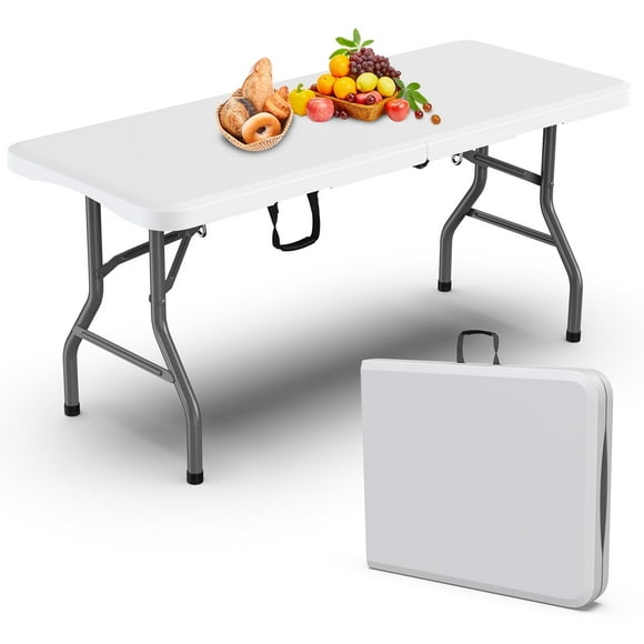 HASIMAN Portable Folding Table Heavy Duty Fold-in-Half Plastic Table with Carrying Handle and Lock Function for Dining Picnic Party Camping , 6ft, White