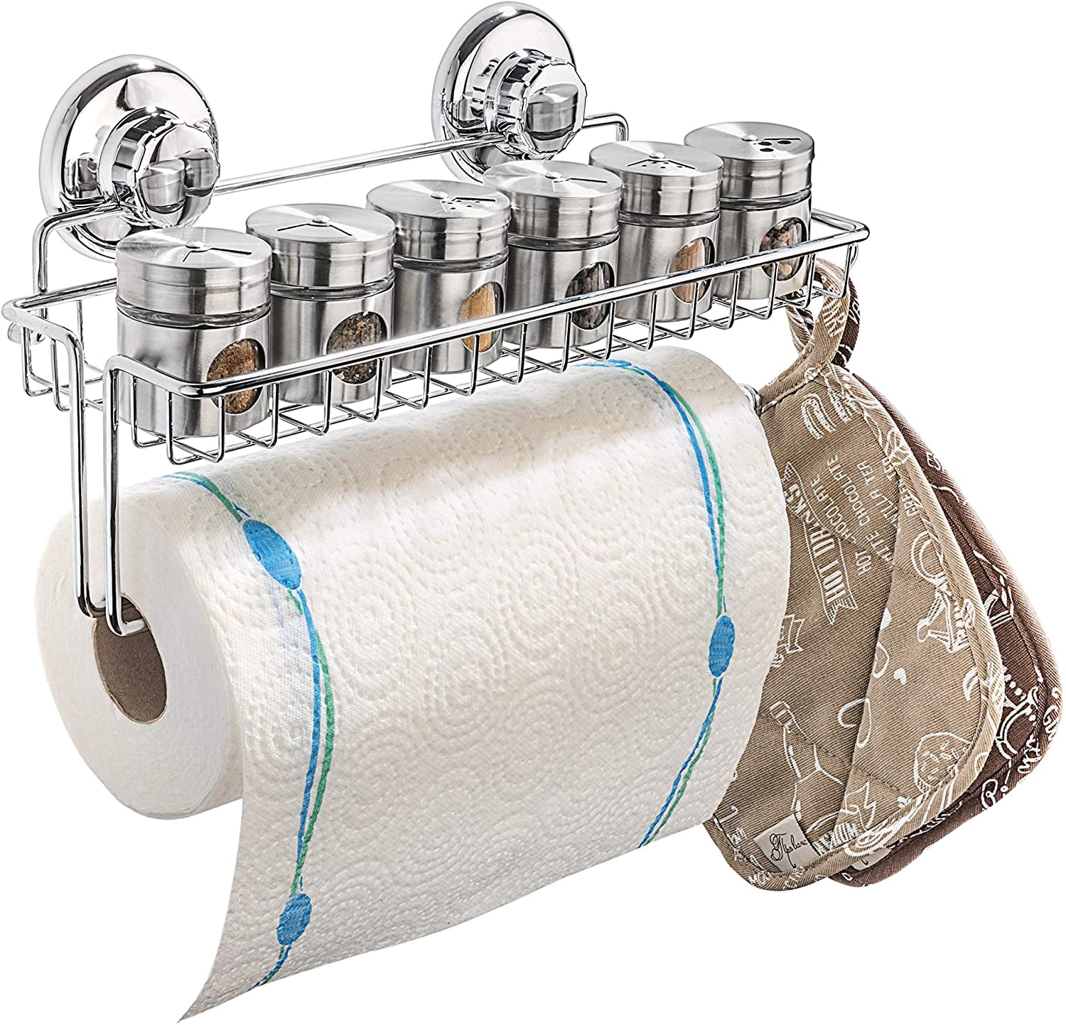 HASKO Suction Cup Paper Towel Holder with Shelf and Hooks - Wall Mount Metal Organizer for Bathroom & Kitchen - SUS 304 Stainless Steel Tissue Roll Hanger - Chrome