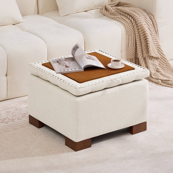 HASLE 24" Square Storage Ottoman Coffee Table, Linen Tufted Ottoman with Reversible Wooden Tray Lid, Ample Storage Footstool, Beige