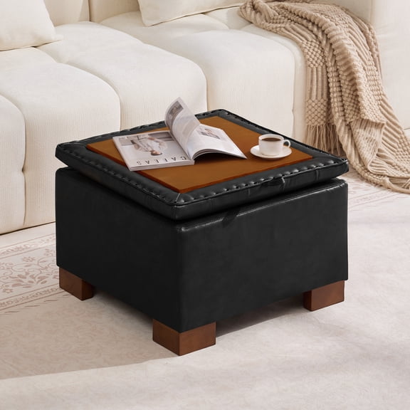 HASLE 24" Square Storage Ottoman Coffee Table, Linen Tufted Ottoman with Reversible Wooden Tray Lid, Ample Storage Footstool, Black