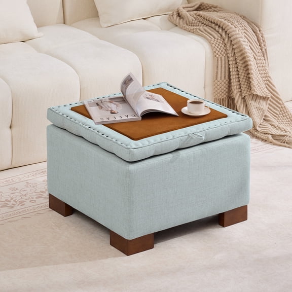 HASLE 24" Square Storage Ottoman Coffee Table, Linen Tufted Ottoman with Reversible Wooden Tray Lid, Ample Storage Footstool, Blue