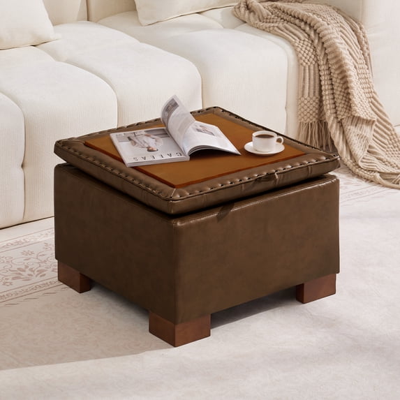 HASLE 24" Square Storage Ottoman Coffee Table, Linen Tufted Ottoman with Reversible Wooden Tray Lid, Ample Storage Footstool, Dark Brown