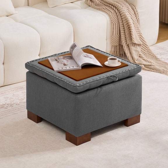 HASLE 24" Square Storage Ottoman Coffee Table, Linen Tufted Ottoman with Reversible Wooden Tray Lid, Ample Storage Footstool, Dark Grey