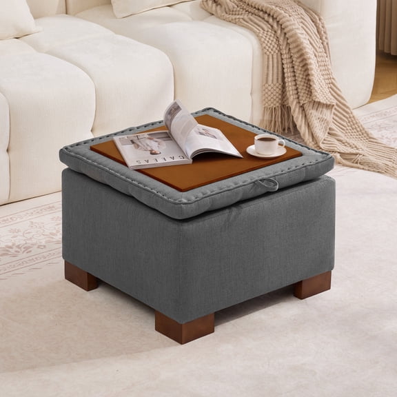 HASLE 24" Square Storage Ottoman Coffee Table, Linen Tufted Ottoman with Reversible Wooden Tray Lid, Ample Storage Footstool, Dark Grey