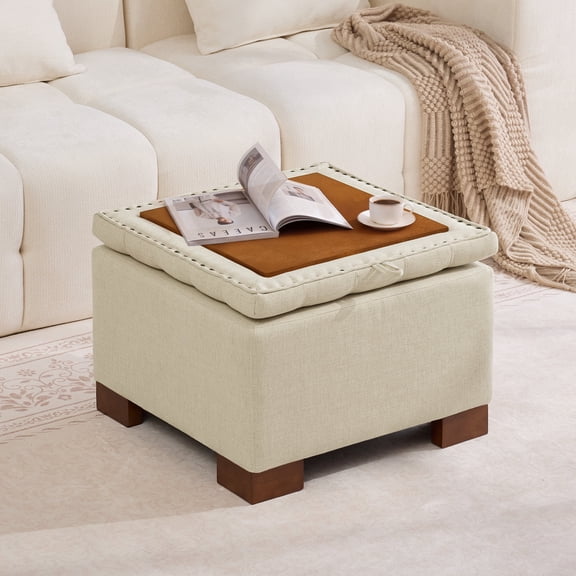 HASLE 24" Square Storage Ottoman Coffee Table, Linen Tufted Ottoman with Reversible Wooden Tray Lid, Ample Storage Footstool, Khaki