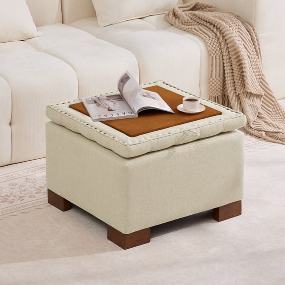 HASLE 24" Square Storage Ottoman Coffee Table, Linen Tufted Ottoman with Reversible Wooden Tray Lid, Ample Storage Footstool, Khaki
