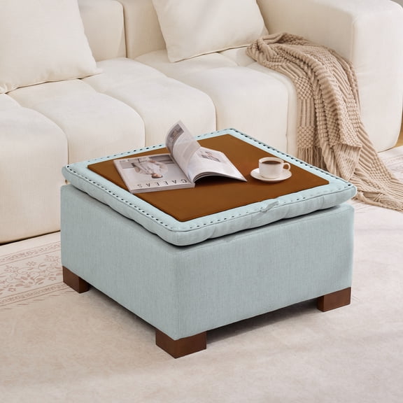 HASLE 30" Square Storage Ottoman Coffee Table, Faux Leather Tufted Ottoman with Reversible Wooden Tray Lid, Ample Storage Footstool, Blue