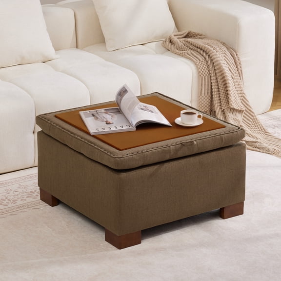 HASLE 30" Square Storage Ottoman Coffee Table, Faux Leather Tufted Ottoman with Reversible Wooden Tray Lid, Ample Storage Footstool, Brown