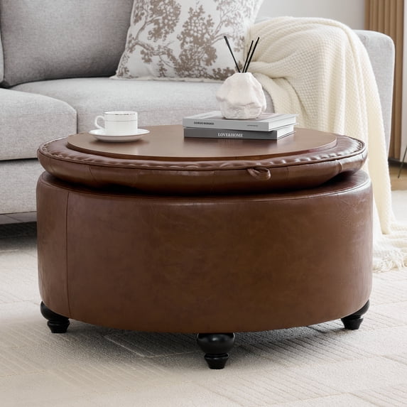 HASLE 30Inch Round Storage Ottoman with Tray, Modern Tufted Leather Circle Coffee Table with Storage, Upholstered Ottoman with Removable Top for Living Room, Bedroom, Leather Coffee