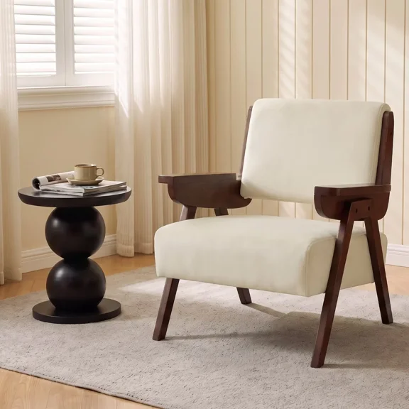 HASLE Accent Chair, Mid-Century Modern Armchair with Thick Cushion, Velvet Upholstery, Solid Wood Arms & Legs, Living Room Bedroom, Beige