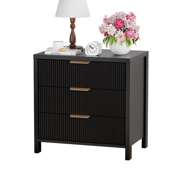 HASLE Fluted Nightstand with 3 Drawers, Mid-Century Modern Bedside Table, 23.7'' Wide Wood End Table for Bedroom, Black Finish