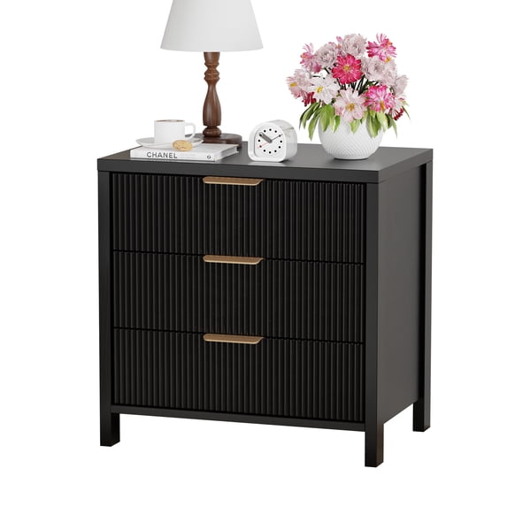 HASLE Fluted Nightstand with 3 Drawers, Mid-Century Modern Bedside Table, 23.7'' Wide Wood End Table for Bedroom, Black Finish