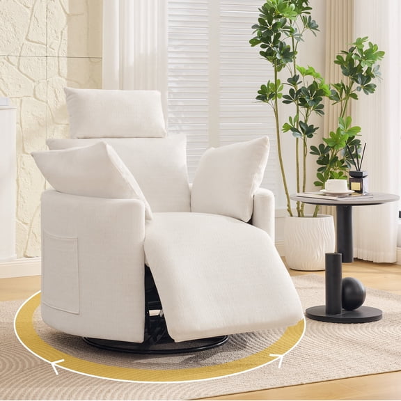 HASLE Manual Recliner Chair, 360° Swivel Nursery Rocking Chair with Side Pocket, 30° Rocking Glider with 2 Pillows, Curved Barrel Living Room Chair for Adults and Small Spaces, White