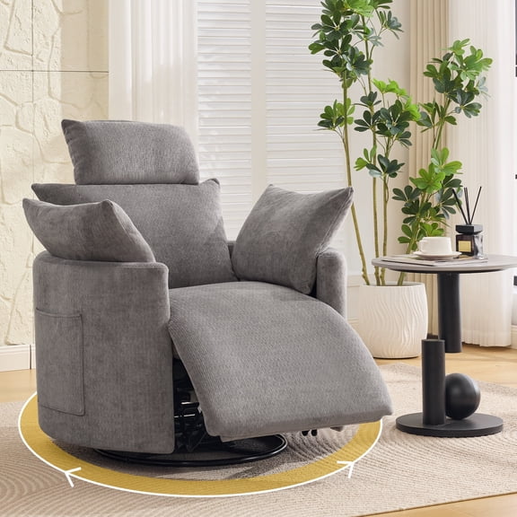 HASLE Manual Recliner Chair, 360° Swivel Nursery Rocking Chair with Side Pocket, 30° Rocking Glider with 2 Pillows, Curved Barrel Living Room Chair for Adults and Small Spaces, Light Grey